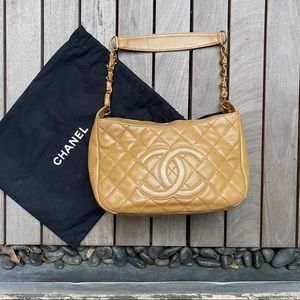 CHANEL Tan Quilted Lambskin CC Logo Shoulder Bag